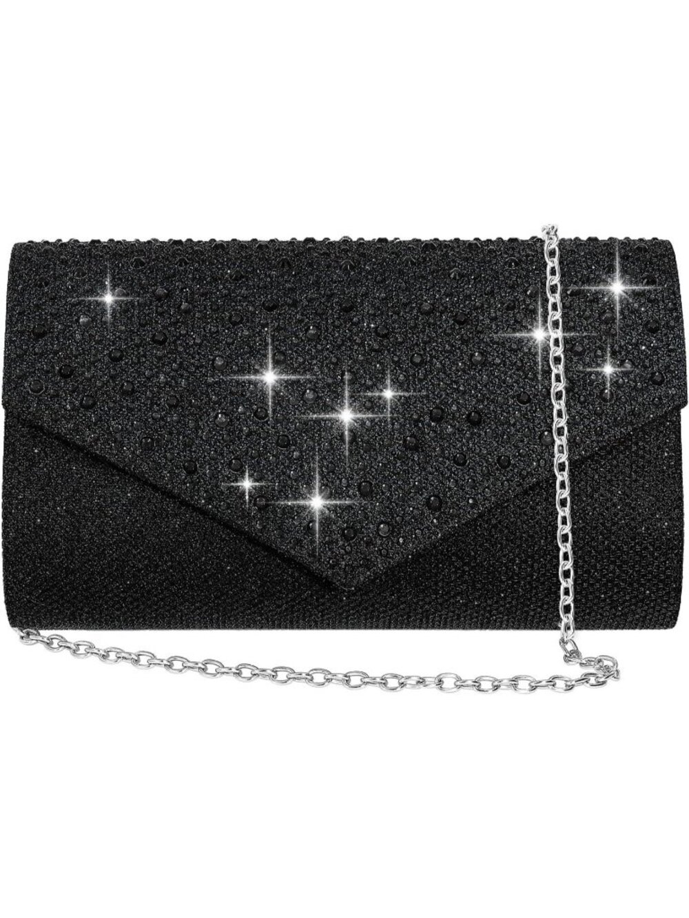 Women's Black Glitter Rhinestone Clutch Purse Evening Wedding Bag